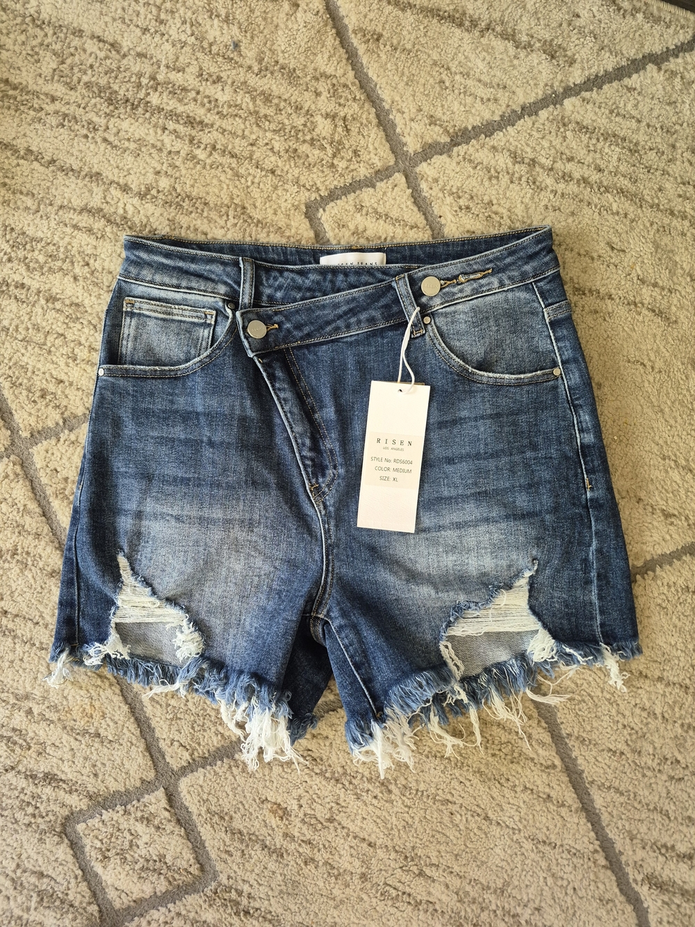 Risen Distressed High-Rise Denim Shorts in Dark Blue